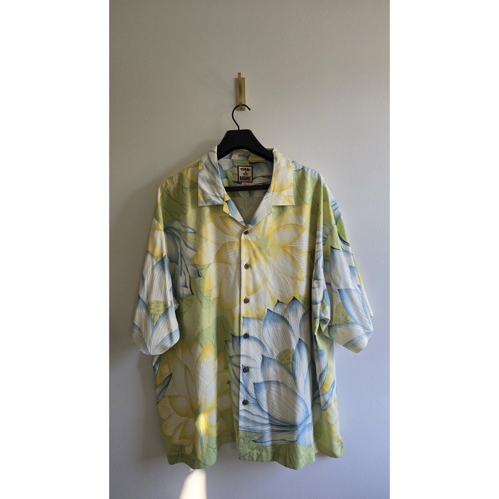 Tommy Bahama 100% Silk Hawaiian Shirt Mens XXL Green Floral Camp Collar Tropical
